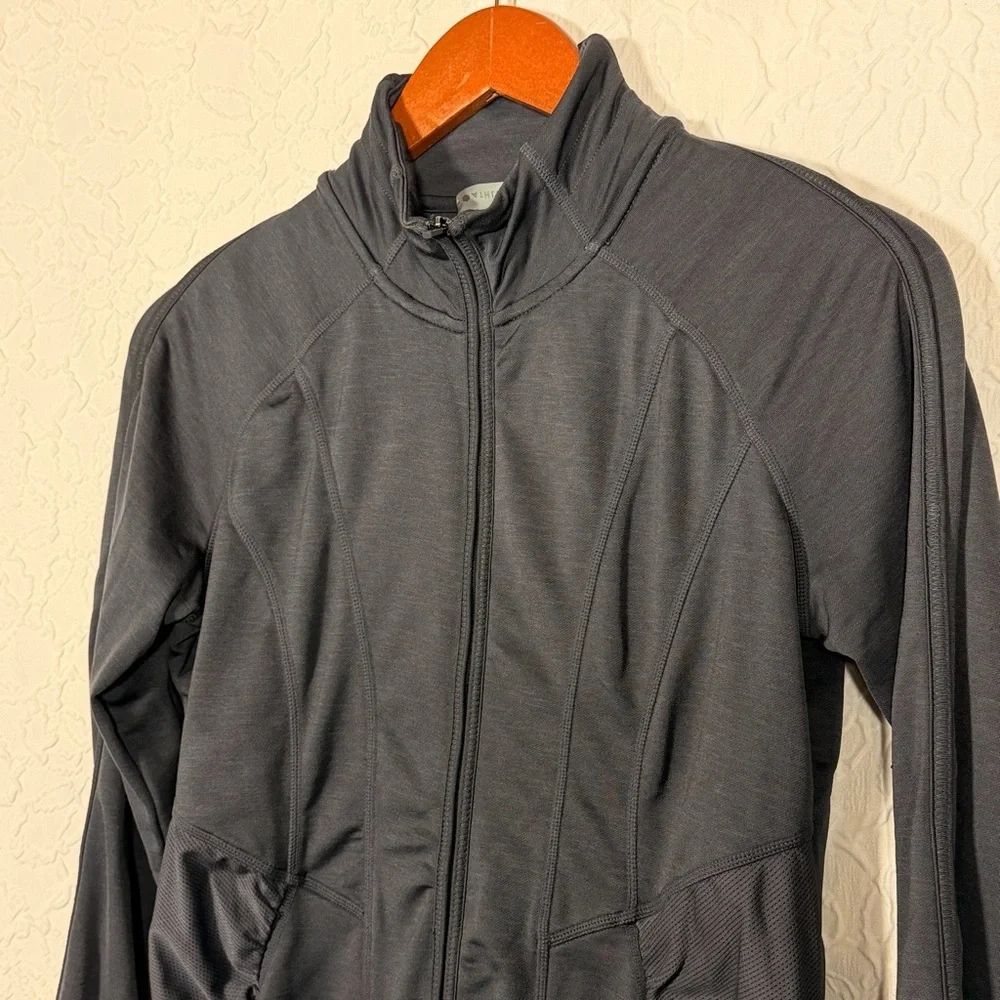 Athleta Ruched Pocket Dark Gray Athletic Workout Zip Front Jacket Sz S